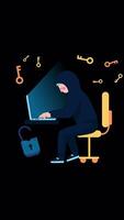 Hacker With Laptop Computer Stealing Passwords And Breaking In Confidential Data On Vertical Alpha Channel 2D Cartoon Animation video