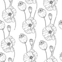 Flower seamless pattern. Poppy background. Eco friendly background. Poppy flowers and greenery hand drawn line art design. Elegant seamless background endless pattern minimalist style vector