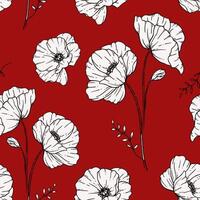Floral seamless pattern. Poppies background. Eco friendly background. Poppy flowers and greenery hand drawn line art design. Elegant seamless background endless pattern minimalist style vector