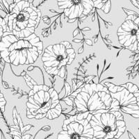 Floral seamless pattern with poppy. Poppy background. Eco friendly background. Poppy flowers and greenery hand drawn line art design. Elegant seamless background endless pattern minimalist style vector