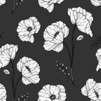 Poppy flower seamless pattern. Poppy background. Eco friendly background. Poppy flowers and greenery hand drawn line art design. Elegant seamless background endless pattern minimalist style vector