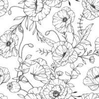 Floral seamless pattern with poppy flower. Poppy background. Eco background. Poppy flowers and greenery hand drawn line art design. Elegant seamless background endless pattern minimalist style vector