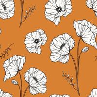 Poppies seamless pattern. Poppy background. Eco friendly background. Poppy flowers and greenery hand drawn line art design. Elegant seamless background endless pattern minimalist style vector