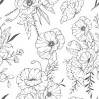 Flowers seamless pattern on white. Poppy background. Eco friendly background. Poppy flowers and greenery hand drawn line art design. Elegant seamless background endless pattern minimalist style vector