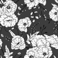 Floral seamless pattern on black. Poppy background. Eco friendly background. Poppy flowers and greenery hand drawn line art design. Elegant seamless background endless pattern minimalist style vector