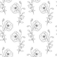 Floral seamless pattern on white. Poppy background. Eco friendly background. Poppy flowers and greenery hand drawn line art design. Elegant seamless background endless pattern minimalist style vector