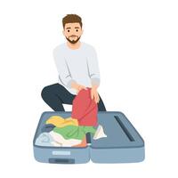 Packing for a Trip. Man is organizing clothes in an open suitcase, preparing for a journey. vector