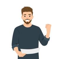Cheerful man is smiling while holding a piece of paper and raising his fist in excitement. vector