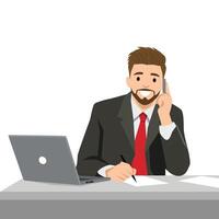 Businessman in a suit and red tie is multitasking at his desk, talking on the phone while taking notes. vector