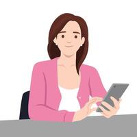 Woman Using Tablet at Work, sits at a desk, engaged with her tablet, appearing focused and relaxed. vector