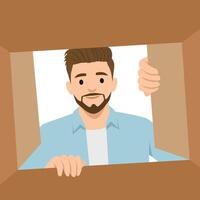 Man Opening a Package is looking inside a cardboard box, appearing curious and engaged. vector