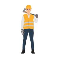 Construction worker holds an axe over his shoulder while dressed in protective gloves and boots. vector