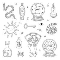 Lovely scribble magical and fortuneteller doodle set with witchcraft symbols. Cute hand drawn snake, positive forecast for future in crystal ball, potion, tarot Sun. Mystical icons isolated. vector