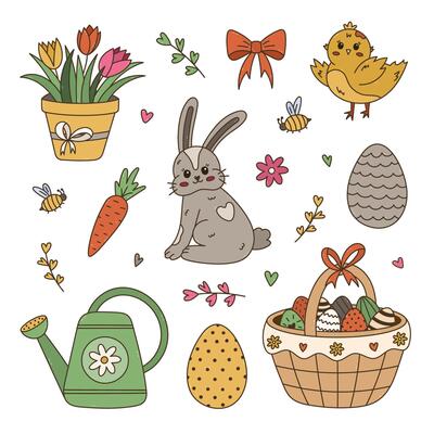 Lovely colorful Happy Easter doodle set with furry bunny, cute young chick, basket full of painted ornate eggs, tulips in flower pot. Religious springtime carnival collection isolated on white.