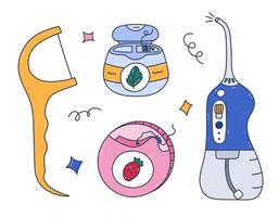 Lovely multicolored doodle set of dental floss and irrigator for gum care and interdental hygiene. Trendy hand drawn teeth strings different types in container, holder, electronic water flosser. vector