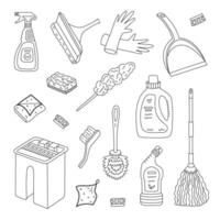 Outline set with washing tools for cleansing home. Hand drawn bucket, dustpan, rubber gloves, window scraper, pipidaster. Funny chores devices line art doodle isolated on white background. vector