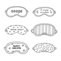 Lovely outline sleeping mask set with line, cow pattern, scribble ornament, Oops lettering. Funny hand drawn girlish eye mask for perfect rest. Patterned dreaming accessory isolated on white. vector
