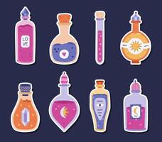 Lovely cartoon sticker set with different magic potion, elixir, poison, alchemy for planners, notebooks. Ready for print list of cute stickers of vials, vintage flasks, wizard jars for love, luck. vector