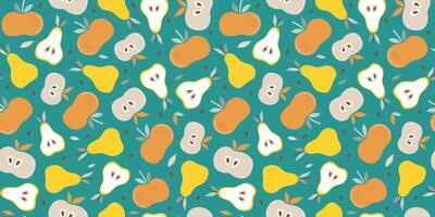 Apple, pear. Seamless pattern. Set of simple abstract fruits. Vitamin natural food, slices and whole fruits. Color flat illustration. vector