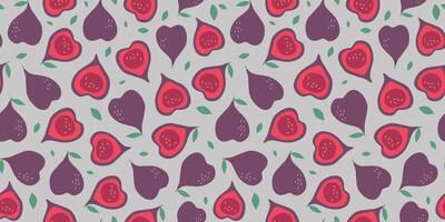 Fig, simple abstract fruits and leaves. Seamless pattern. Vitamin natural food, slices and whole fruits. Colored flat illustration, graphics. vector