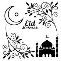 Eid Mubarak Greeting Card with Crescent Moon and Mosque Silhouette vector