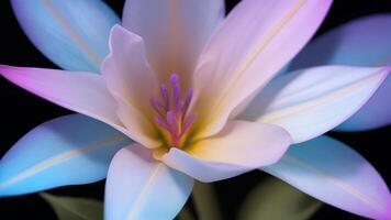 Close-up of a pastel-colored flower with vibrant petals against a black background. photo