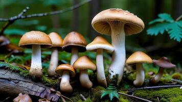 Cluster of mushrooms growing on mossy log in forest. photo