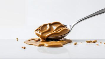 Creamy peanut butter on a spoon spilling onto a surface. photo