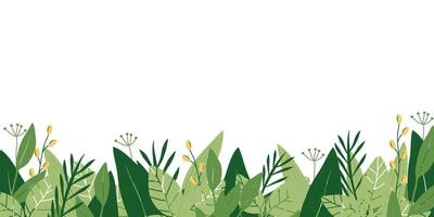 Bottom horizontal seamless illustration, a banner with a summer leaf frame. Green leaves and stems decorate the frame in summer and spring colors. A template for summer postcards and sale ads. vector