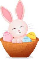Easter basket with bunny and eggs. Cute Easter bunny in cartoon style vector