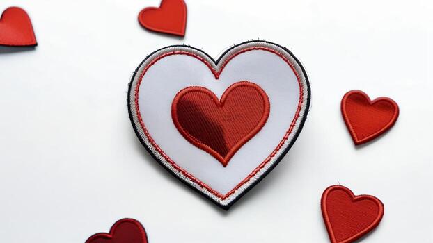 Red heart patch with smaller hearts on white background. photo