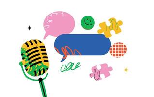 A whimsical and vivid illustration with a microphone, speech bubbles, a smiley face and puzzle pieces. The concept of announcement, positive review, and expression of thoughts. vector