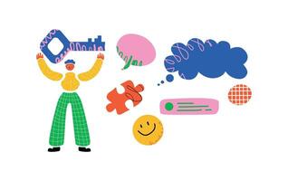 A vivid illustration with a stylized figure holding a large key, surrounded by speech bubbles, a puzzle piece and a smiley face. A symbol of achievement and finding a solution. vector