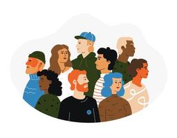 A hand-drawn illustration with various people standing next to each other. A symbol of a diverse society, partnership and equality. vector