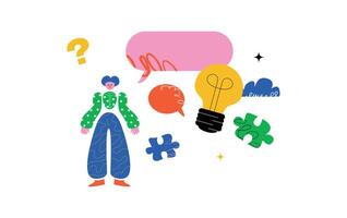 A whimsical illustration featuring a stylized human figure, speech bubbles, a light bulb and puzzle pieces, and a question mark. A metaphor for finding solutions and solving problems. vector