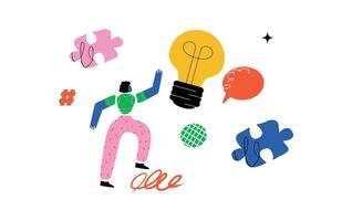 A whimsical illustration with a stylized human figure interacting with a light bulb, speech bubbles, and puzzle pieces. A symbol of invention, creation and search for solutions. vector