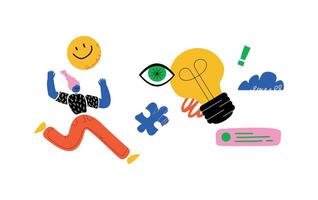 A dynamic illustration with a stylized figure moving towards different abstract figures. A metaphor for the joyful desire to rush to solve a variety of work tasks. vector