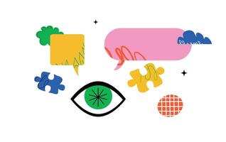 A vivid illustration depicting a large eye, speech bubbles, and puzzle pieces. A metaphor for vision, creativity, and wisdom. vector
