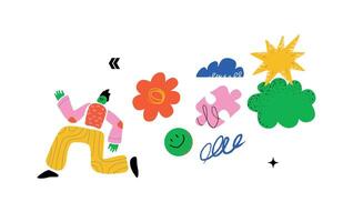 A vivid illustration with a stylized running character and various abstract figures on the back. A symbol of getting rid of overwork and a multitude of tasks. vector