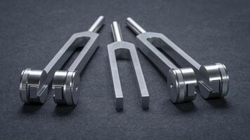 weighted and unweighted metal tuning forks used for tuning musical instruments and sound therapy, chakra healing photo