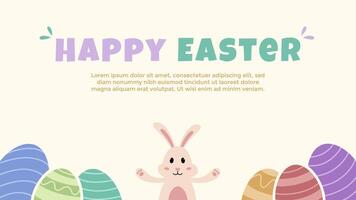 Happy Easter horizontal background in pastel color with bunny and colorful eggs. Minimalist Easter background template vector
