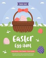 Easter egg hunt poster template with a basket of eggs in the garden with blue sky. Egg hunt announcement and invitation template perfect for Easter celebration event vector