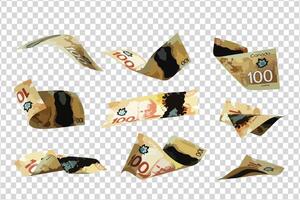 Illustration of set of 100 Canadian dollar notes flying in different angles and orientations. Currency note design in Scalable eps format vector