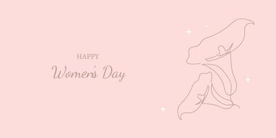 Botanical illustration for Women's Day with line art and delicate fonts One line drawing of a calla lily. One line sketch in minimalist style with stars for print, banner, card or invitation. vector