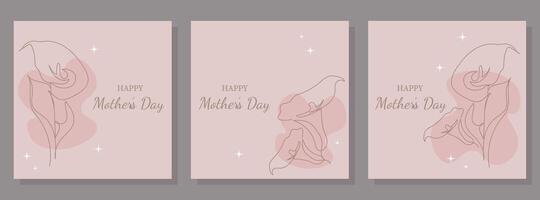 Botanical illustration for Mother's Day with line art and delicate fonts One line drawing of a calla lily. One line sketch in minimalist style with stars for print, banner, card or invitation. vector