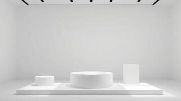 Minimalist white podiums in a modern monochromatic setting photo