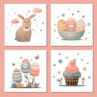 beautiful set of four easter cards with cute rabbit, eggs, easter cake in soft gradient. group of easter arts vector