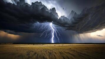 The sky is filled with rain clouds and lightning strikes continuously, moves forward quickly with Wide meadow view video