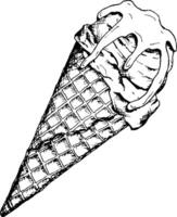 Black and white hand-drawn illustration of an ice cream cone with dripping icing. Ideal for packaging, menus, branding, cafes, bakeries, and creative food-related designs. Perfect for summer projects. vector