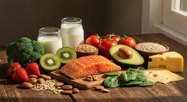 Sunlit Table Displaying Nutritious Food for a Balanced Diet. photo
